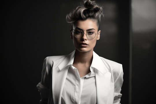 Fashion-forward hipster portrait, androgynous model in thrift-chic attire, statement eyewear, minimalist studio backdrop