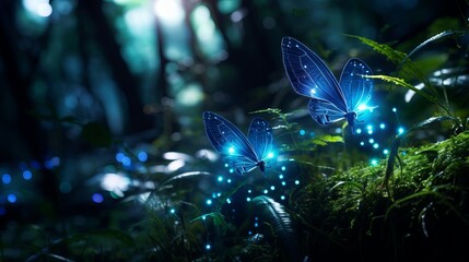 Insects that glow in the darkness of the forest - obrazy, fototapety, plakaty