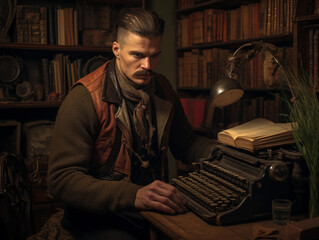 poet, vintage typewriter at hand, worn leather notebook, rich textures