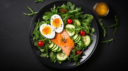 Salt salmon salad with greens, cucumbers, eggs, and avocado is one of the meals on the ketogenic diet for breakfast. lunch is also ketogenic, with a top view overhead.