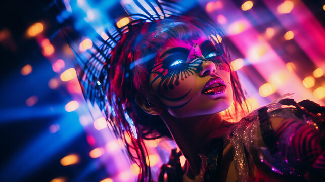 Rave culture ambassador, pulsating club lights, neon face paint, mesh and holographic fabrics - Powered by Adobe