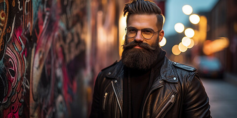 Fototapeta premium Urban hipster portrait, male with a full beard, wearing a vintage leather jacket and round glasses, standing against a graffiti wall