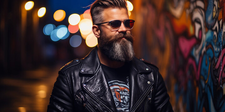 Urban hipster portrait, male with a full beard, wearing a vintage leather jacket and round glasses, standing against a graffiti wall