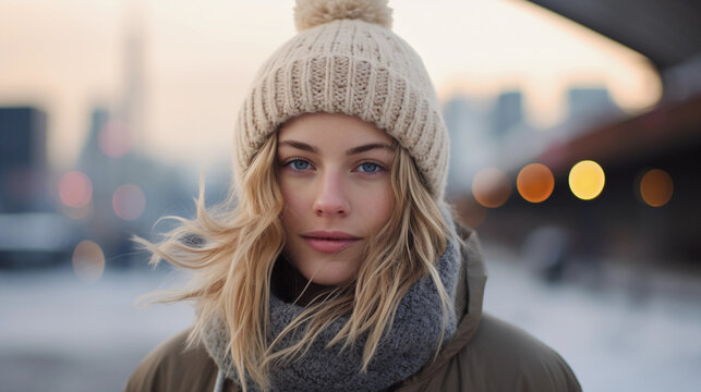 Winter hipster portrait, female with wool beanie and oversized sweater, snowy city backdrop