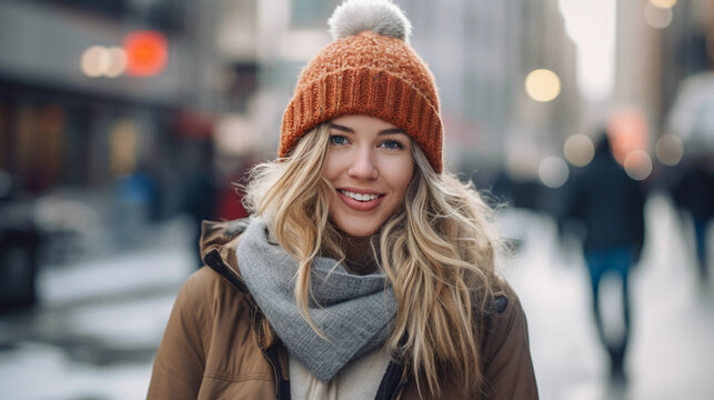 Winter hipster portrait, female with wool beanie and oversized sweater, snowy city backdrop