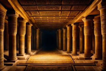 an underground chamber within an Egyptian pyramid, filled with ancient scrolls, mystical symbols, and golden treasures - obrazy, fototapety, plakaty