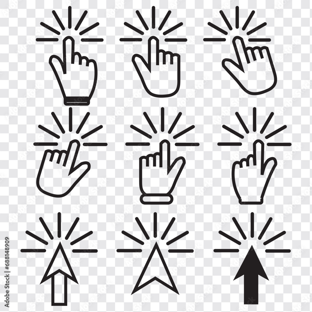 Poster 9 set hand click icon set. pointer icon vector. hand cursor icon vector . eps10