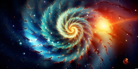 A spiral galaxy in space,Spiral galaxy with shining stars in the background,Space dust swirl, rainbow spiral. Spiral galaxy with millions of stars and radiant core.,Generative AI