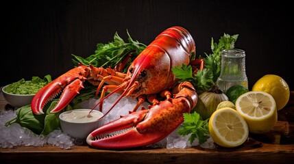 Enjoy a seafood feast that includes lemon and fresh boston lobster on the ice.