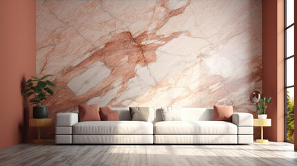 White sofa against terra cotta marble stone paneling wall with copy space. Minimalist home interior design of modern living room.