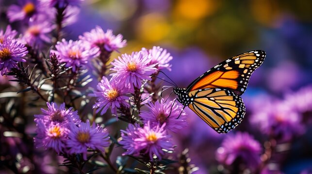 A butterfly is resting on a purple flower.