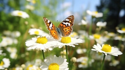 A close-up of a butterfly on a white flower, a colorful urticaria butterfly sitting on chamomile flowers, and a close-up of its mouth.