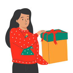 Cute cartoon woman holding a present box. A gift, bonus, reward, loyalty program. Thin line vector illustration on white