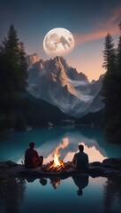 Two people sitting by a campfire on the shore of a lake under the moon