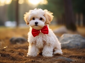 Cute white puppy with a red bow tie sitting in a forest.