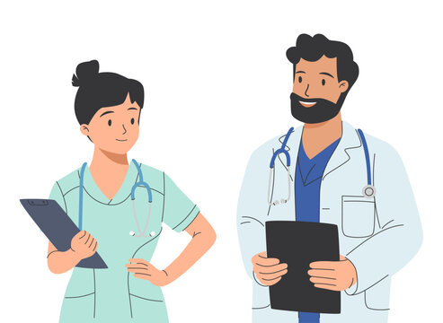 Friendly Male and Female Doctors standing together. Concept of medical team. Vector illustration in hand drawn style