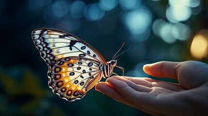 The hand is holding a beautiful butterfly in a close-up view.