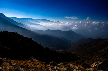 Dramatic and picturesque mountain landscape. Early morning in the Sarawat Mountains, Saudi Arabia.