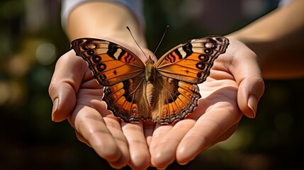 The hand is holding a beautiful butterfly in a close-up view.