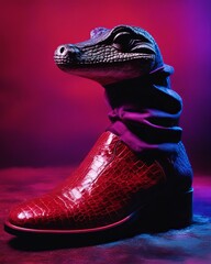 Red leather shoe with crocodile head