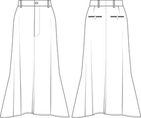 flared a line midi long maxi skirt template technical drawing flat sketch cad mockup fashion woman jean denim