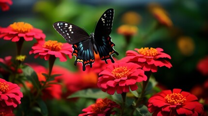 A blurry background is seen in this close-up shot of a butterfly on a beautiful red flower.