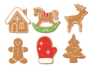 Cartoon gingerbread cookies for celebration design. Christmas vector elements for illustration, cards, banners.