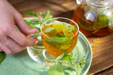 The girl holds in her hand a cup of green tea with mint. Healthy food, antioxidants.