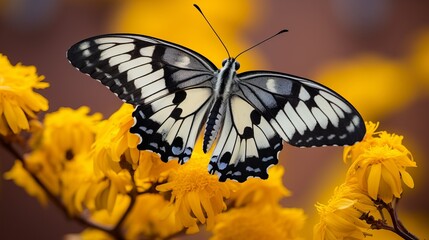 A closeup image of a butterfly with black and white markings sitting on a yellow plant that is dry