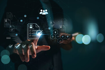 Businessman with Human Resources (HR) management includes hiring, team building, effective organisational structure and corporate leadership. Relationship Management for Customers.