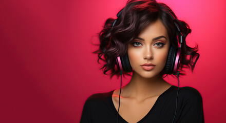 Young beautiful woman listening to music with large headphones, giving a captivating flirtatious look, black bob hairstyle. Isolated over pink background. 