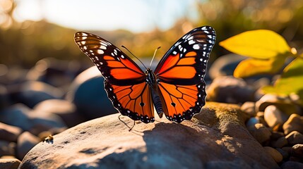 Fototapeta na wymiar A close-up picture of a gorgeous orange butterfly on rocks in nature
