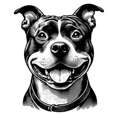 Happy Pitbull Terrier portrait. Hand Drawn Pen and Ink. Vector Isolated in White. Engraving vintage style illustration for print, tattoo, t-shirt, coloring book