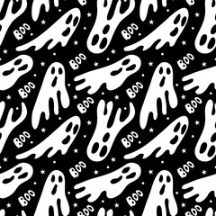 Cute ghosts saying boo Halloween themed pattern. Vector seamless pattern design for textile, fashion, paper, packaging and branding. 