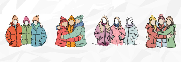 Winterliche Freundschaft: Lineart Vektorgrafik-Bundle von weiblichen Freunden in Winterjacken