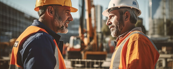 Project manager talks to project engineer at construction site - obrazy, fototapety, plakaty