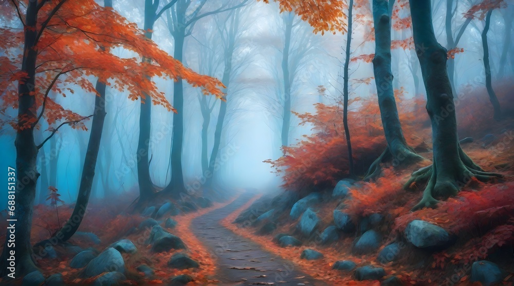 Poster Foggy forest with blue and red colors. Forest background