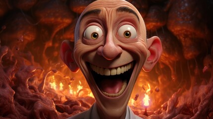 Caricature of a bald man with an exaggerated smile, open mouth and wide eyes, close-up with a creepy expression on a surreal background with torches. Can be used as a symbol, logo.