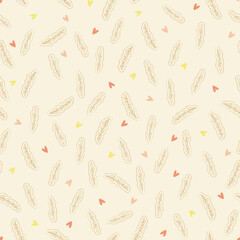 Cute pattern of heart and leaves drawings in pastel neutral color palette. Vector seamless pattern design for textile, fashion, paper, packaging, wrapping and branding