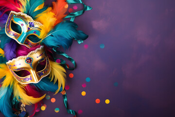 Colorful carnival flat lay with carnival masks with feathers, confetti and copy space on violet background