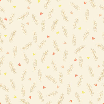 Cute pattern of heart and leaves drawings in pastel neutral color palette. Vector seamless pattern design for textile, fashion, paper, packaging, wrapping and branding