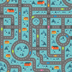 Cute road map in winter blue pattern for children inspired in the countryside landscape. Vector seamless pattern design for textile, fashion, paper, packaging, wrapping and branding