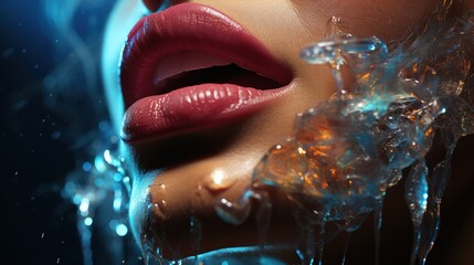 The gentle touch of water on the skin of a young woman. Beautiful mouth close-up. Red lips and white teeth with water drops. Waterproof cosmetics advertising concept. - obrazy, fototapety, plakaty