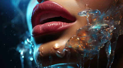 Fotobehang The gentle touch of water on the skin of a young woman. Beautiful mouth close-up. Red lips and white teeth with water drops. Waterproof cosmetics advertising concept. © Eugenia