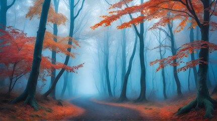 Foggy forest with blue and red colors. Forest background