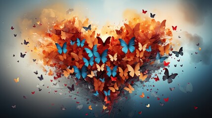 Multicolored playful butterflies forming a heart shape on a blurred gray background. A place for love notes. Gradient lighting. Valentine's Day card. The 14th of February - obrazy, fototapety, plakaty
