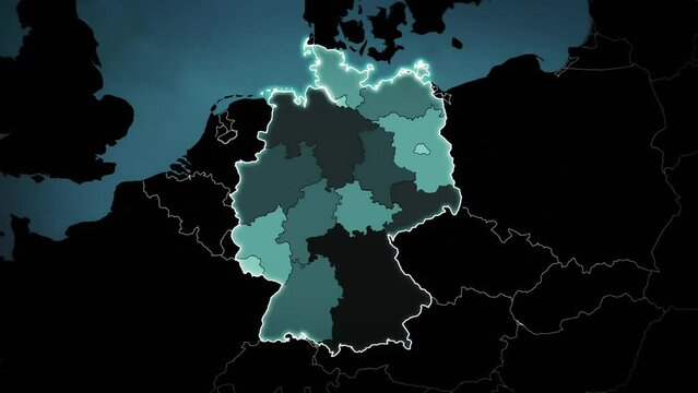 Animated Map of Germany with Airports, Roads and Railroads. Blue. 
