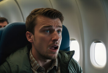 Scared young man in a plane. Panic on board
