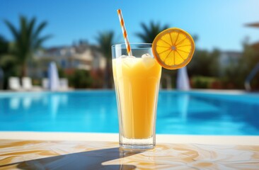 cocktail of lemon juice on a ledge near a swimming pool,