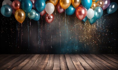 colorful balloons and confetti flying over wooden background, - obrazy, fototapety, plakaty